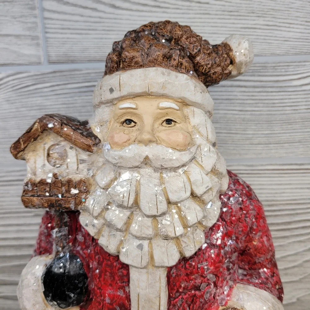 Valerie Parr Hill Rustic Standing Santa‎ Holding Birdhouse Pinecone Hat Glitter